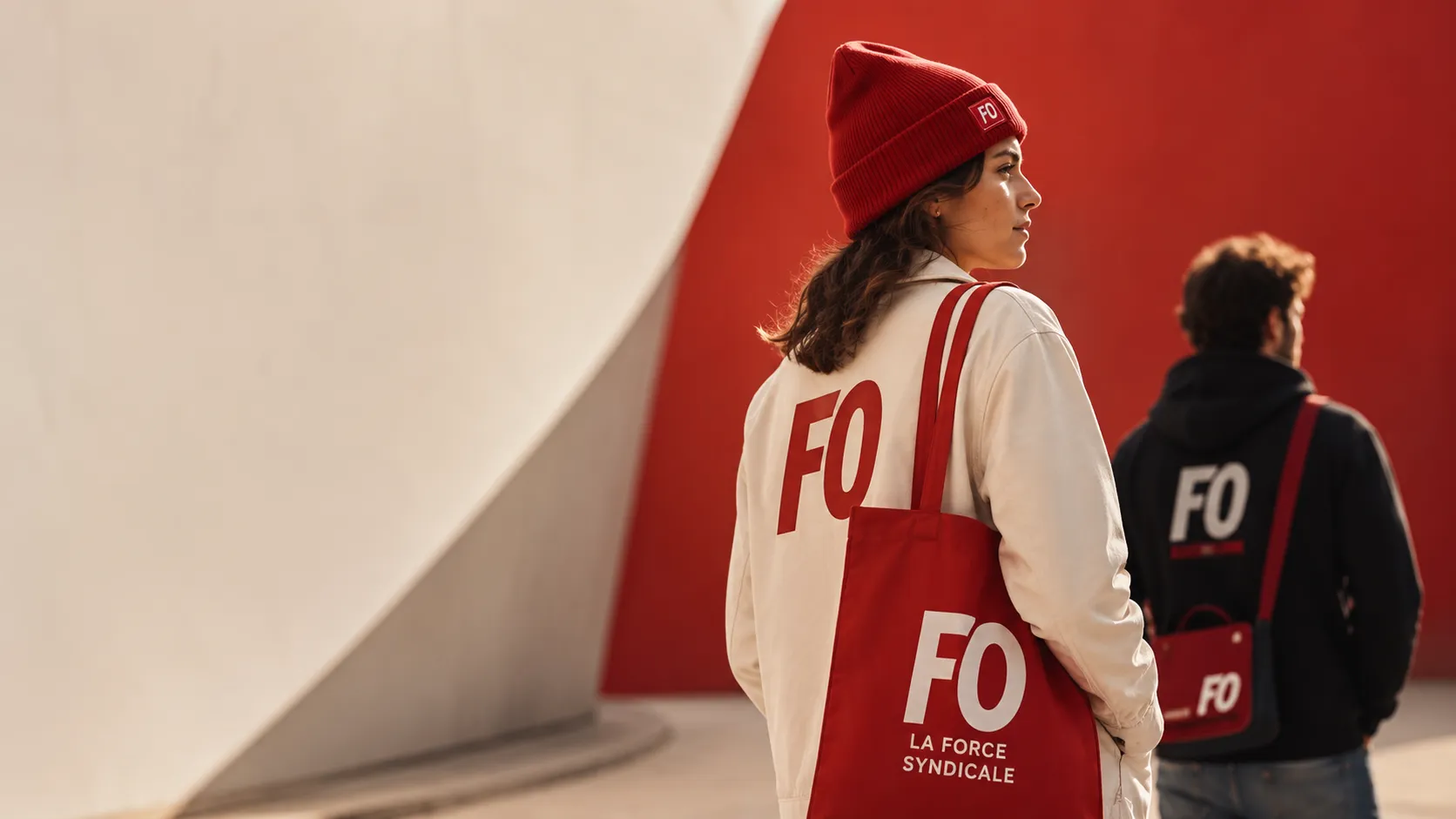 Deux militants de dos, en bonnet et veste Force Ouvrière, un tote bag rouge à l'épaule.